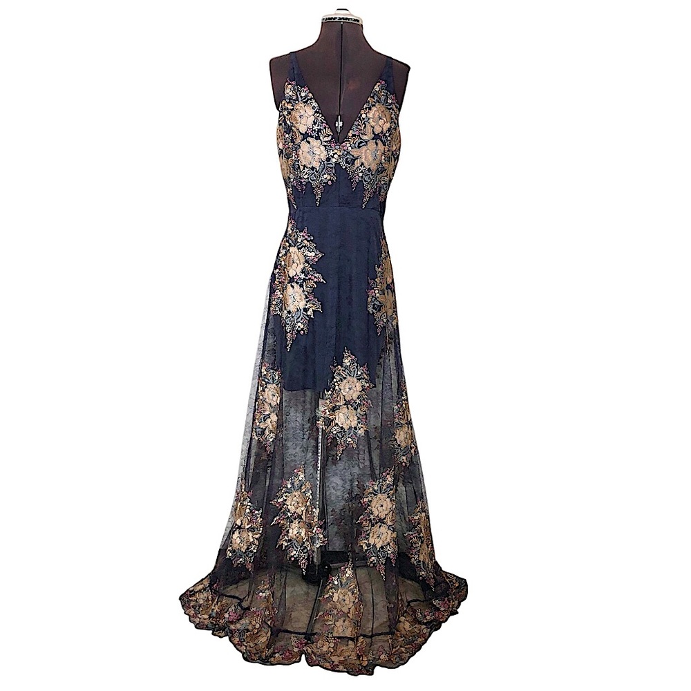Altar’d State Stretchy Slip Embroidered Flower Gray Mesh Angelique Maxi Dress M
